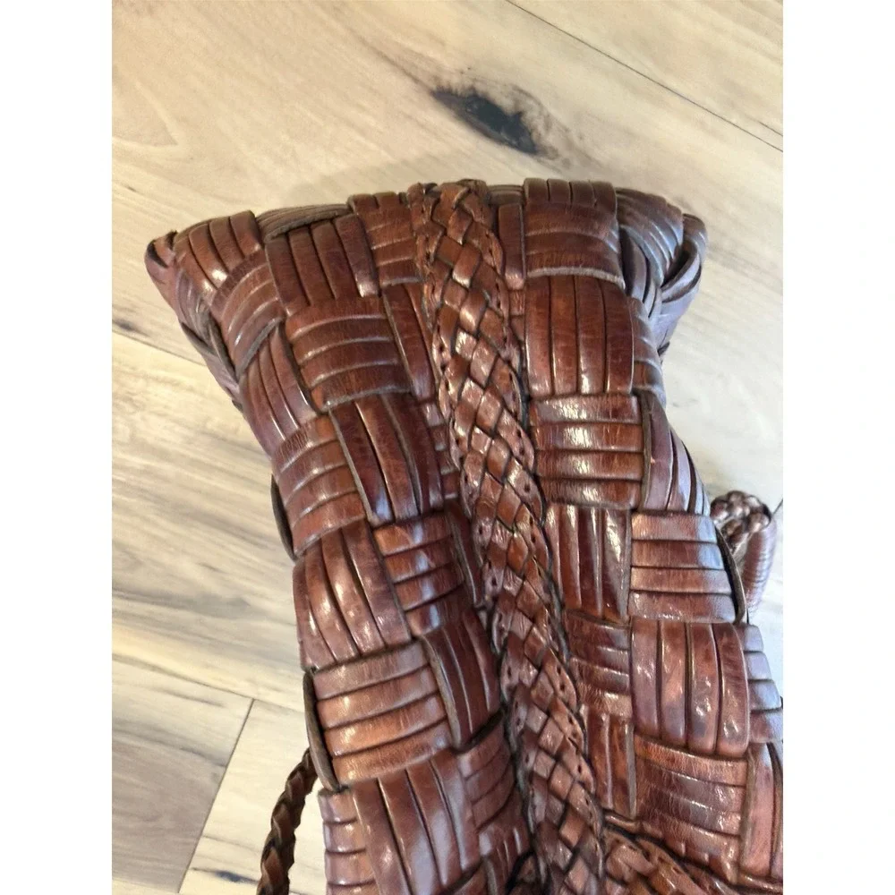 Vintage CEM Woven Leather Handbag Bucket Basket Weave Magnetic Snap Boho 80s 90s